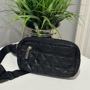 Black Quilted Waist Bag with Front Zip Pocket